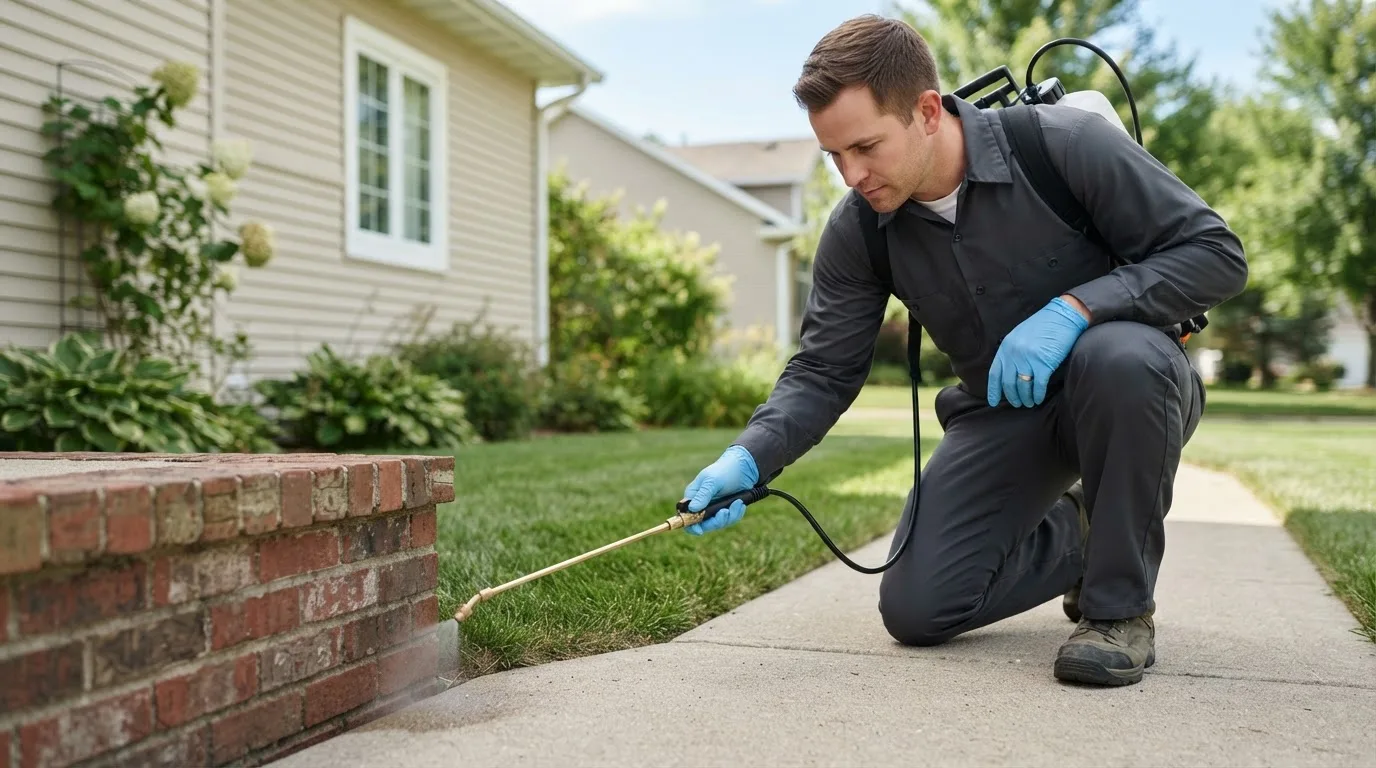 Pest control technician treating a home near Chocowinity, NC